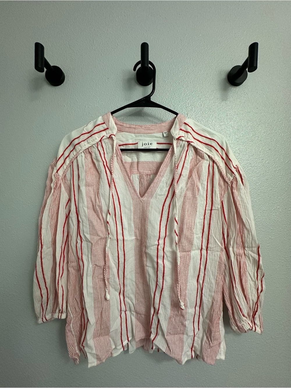 Joie White and Red Striped V-Neck Peasant Blouse